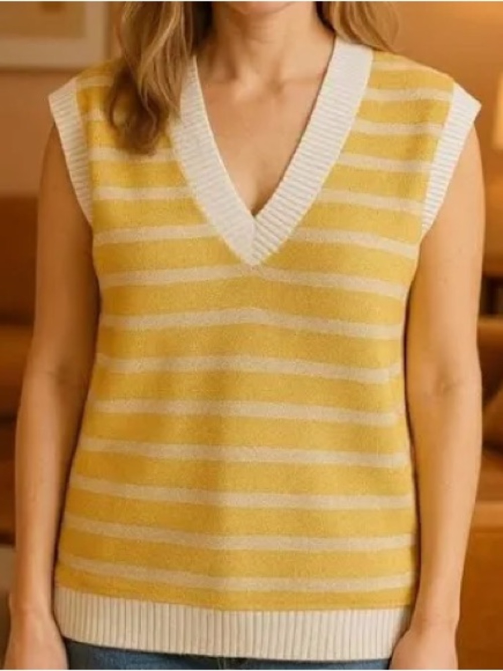 ZARA Yellow and Cream Striped V-neck short sleeve oversized knitted Sweater S